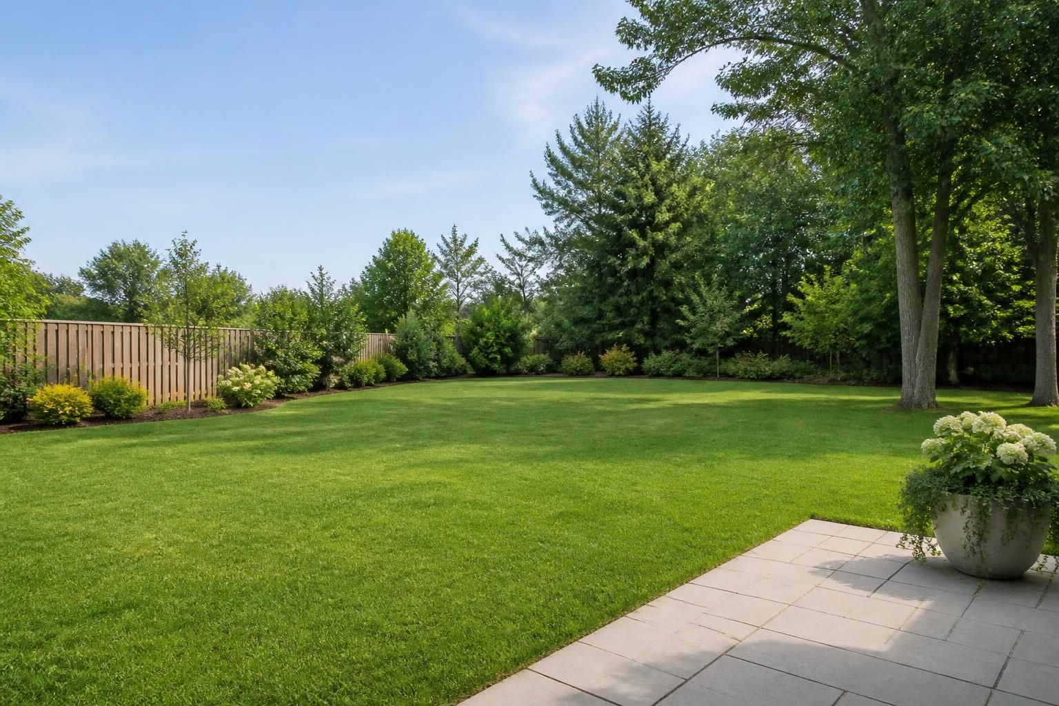 Fresh backyard lawn with open space and a clean patio edge.
