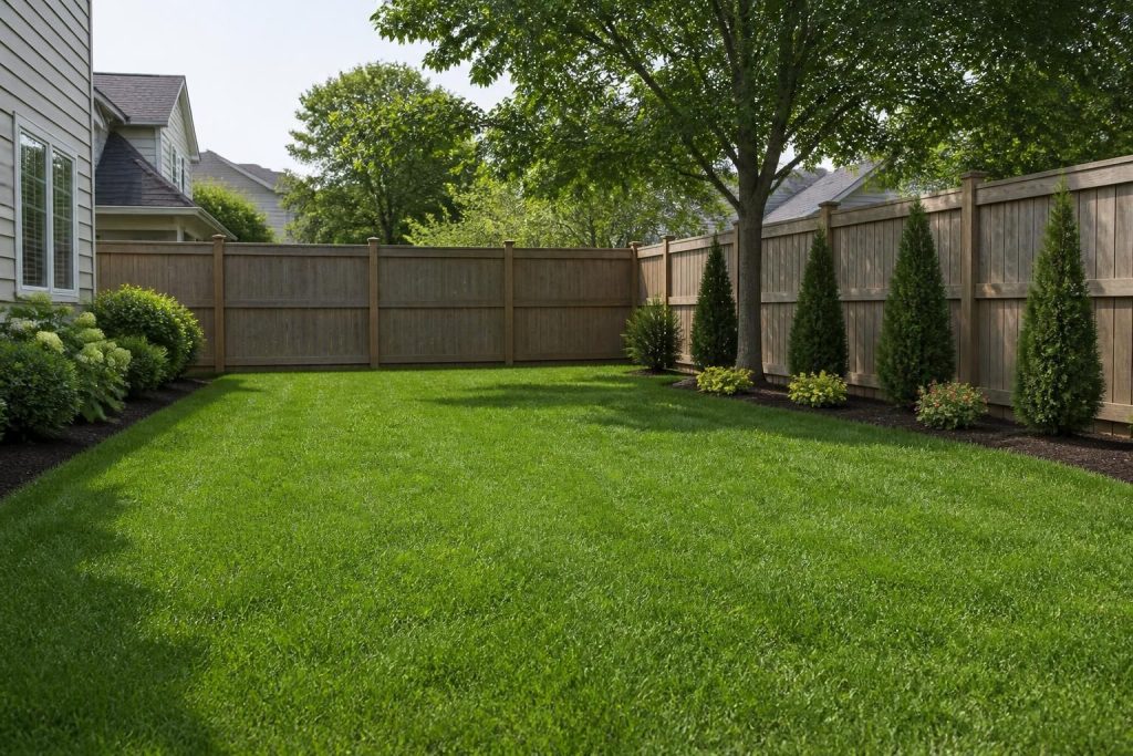 Clean suburban backyard with fresh green grass and tidy fence line.